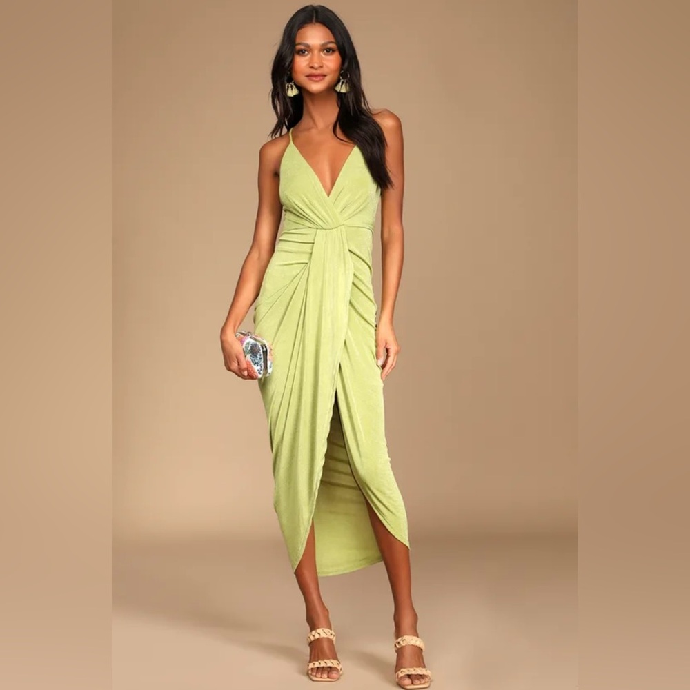 Lulus Dreamy Date Light Green Surplice Midi Dress
